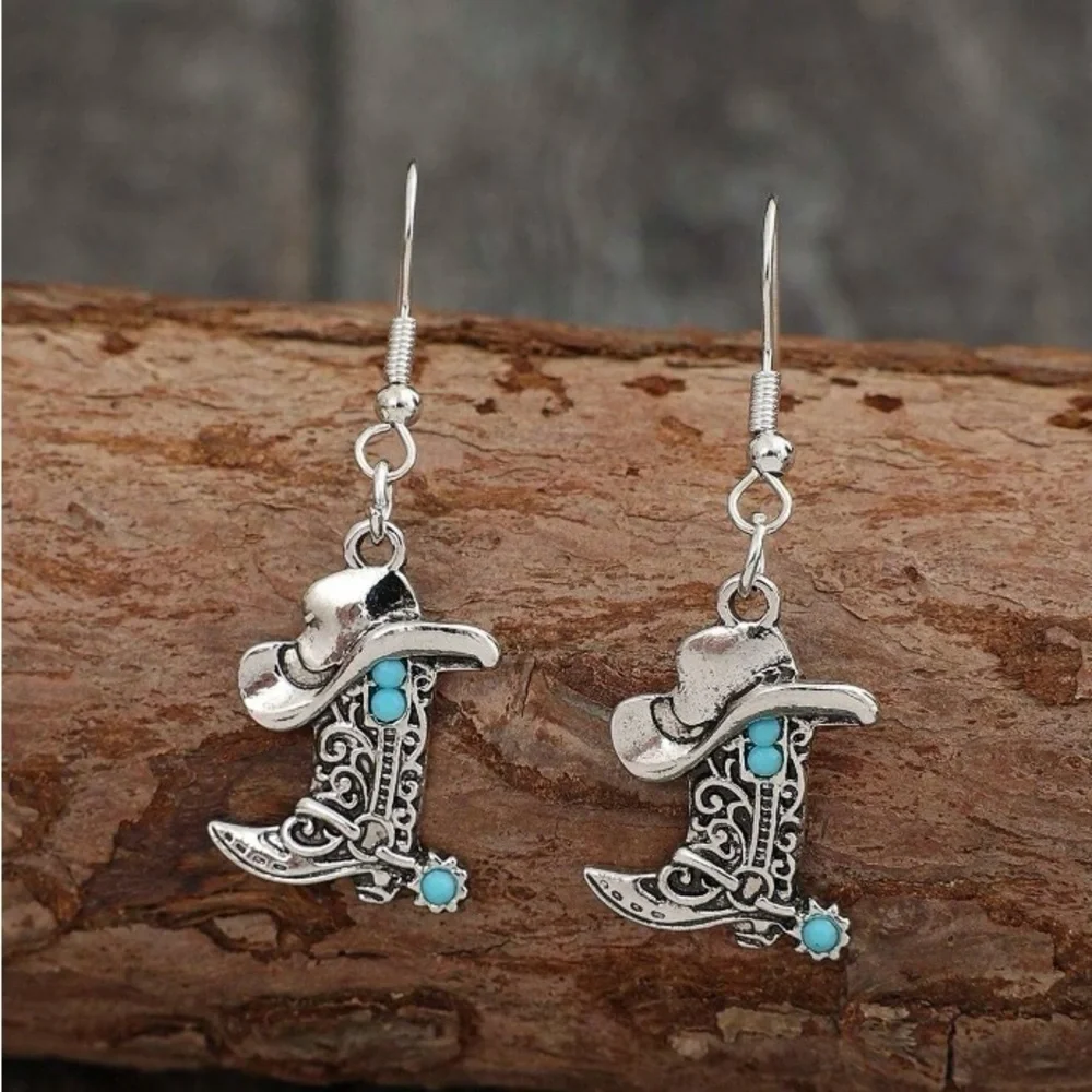 Southwest Style Turquoise Antique Silver Cowboy Boots & Hat Earrings